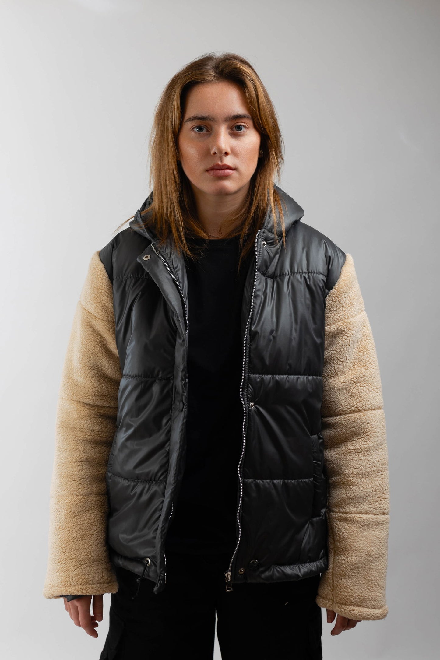 Fleece Hooded Jacket-Grey x Beige - REDDOT