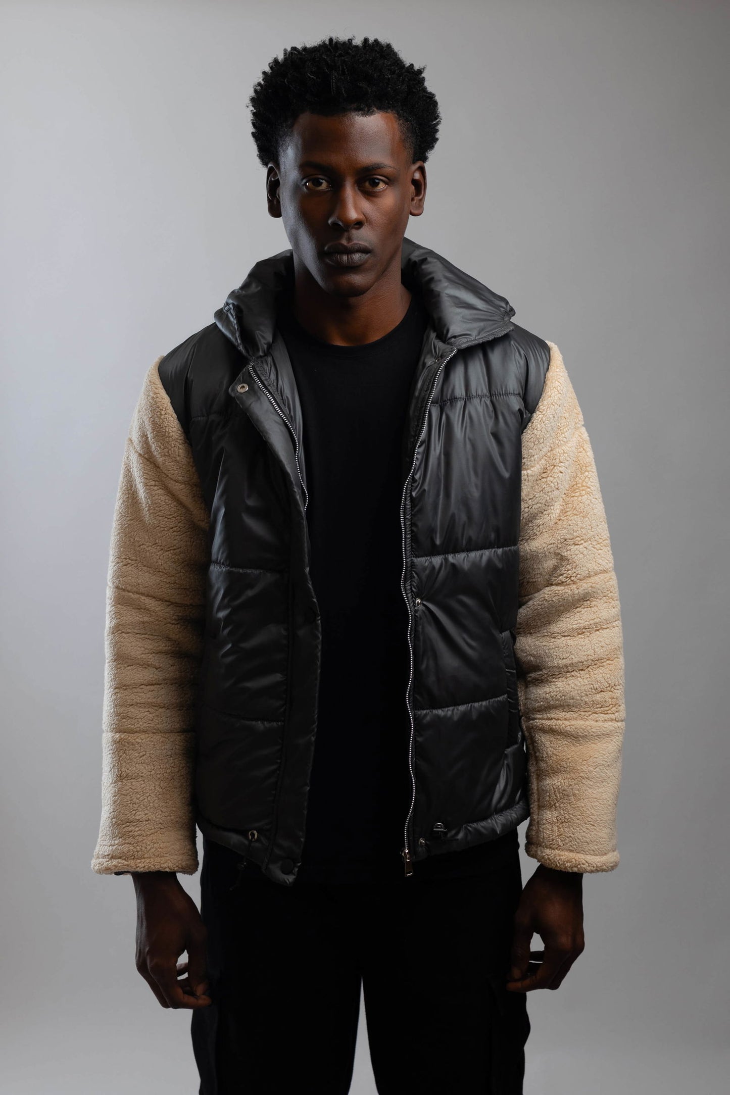 Fleece Hooded Jacket-Grey x Beige - REDDOT