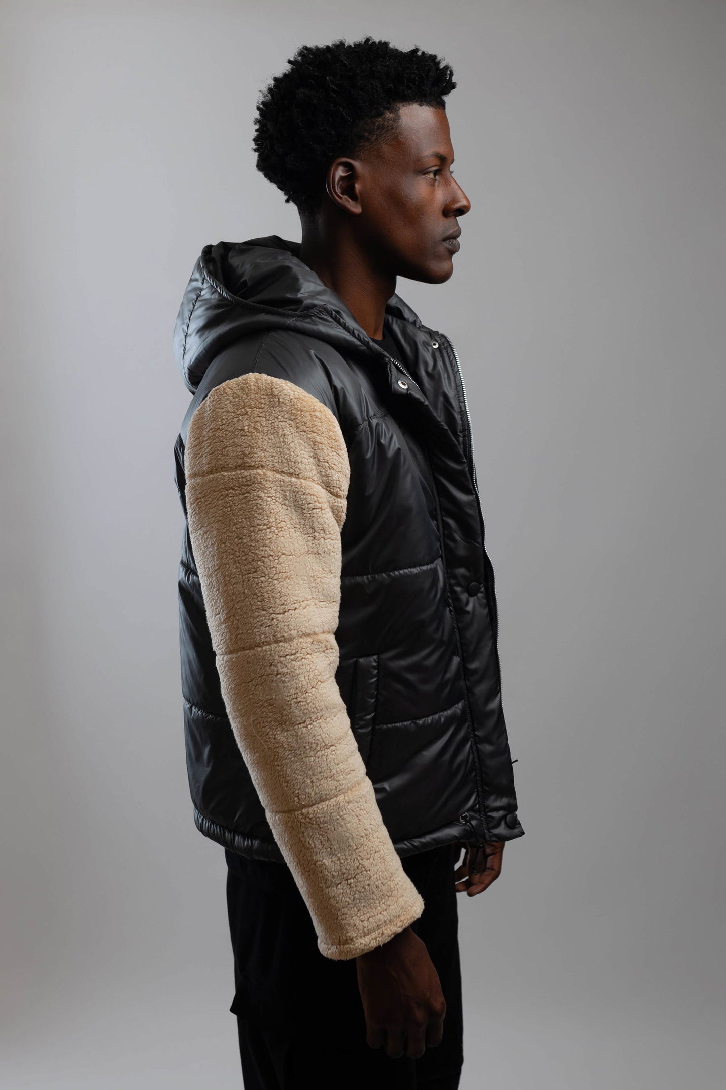 Fleece Hooded Jacket-Grey x Beige - REDDOT