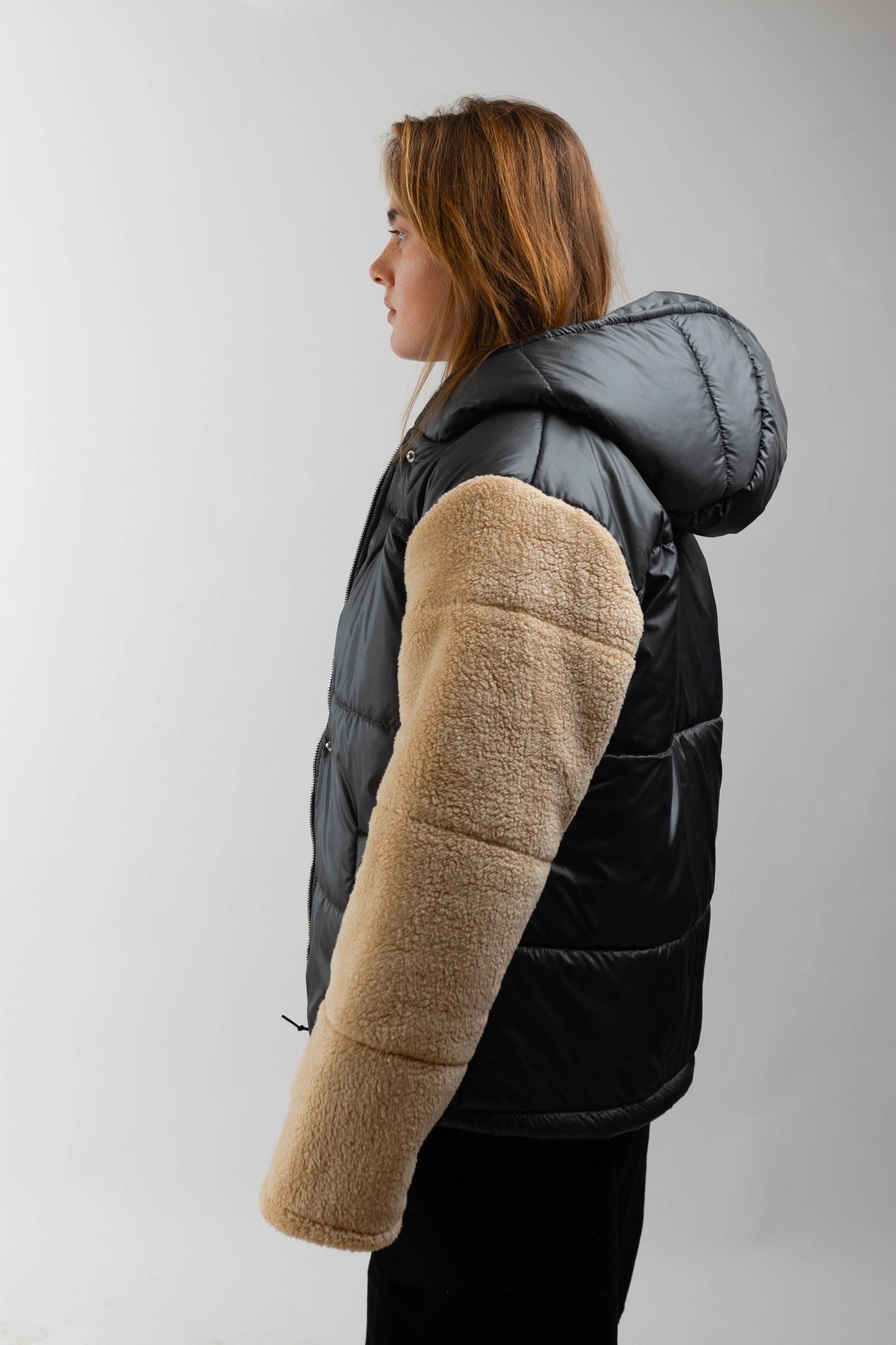 Fleece Hooded Jacket-Grey x Beige - REDDOT